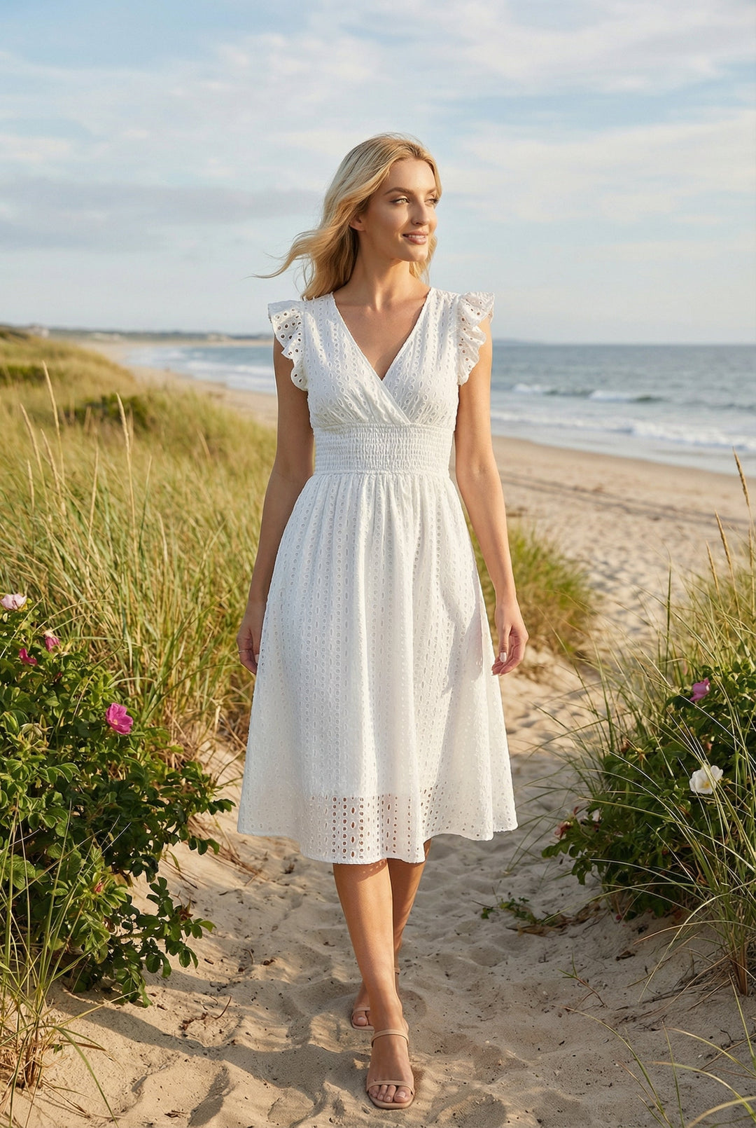 Flowy women's flared midi dress with delicate eyelet fabric and chic ruffled sleeves.