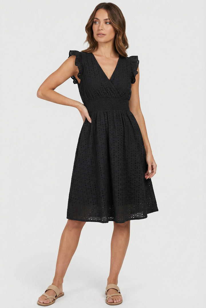 Elegant women's eyelet midi dress, flared silhouette, with graceful ruffled sleeves for summer.