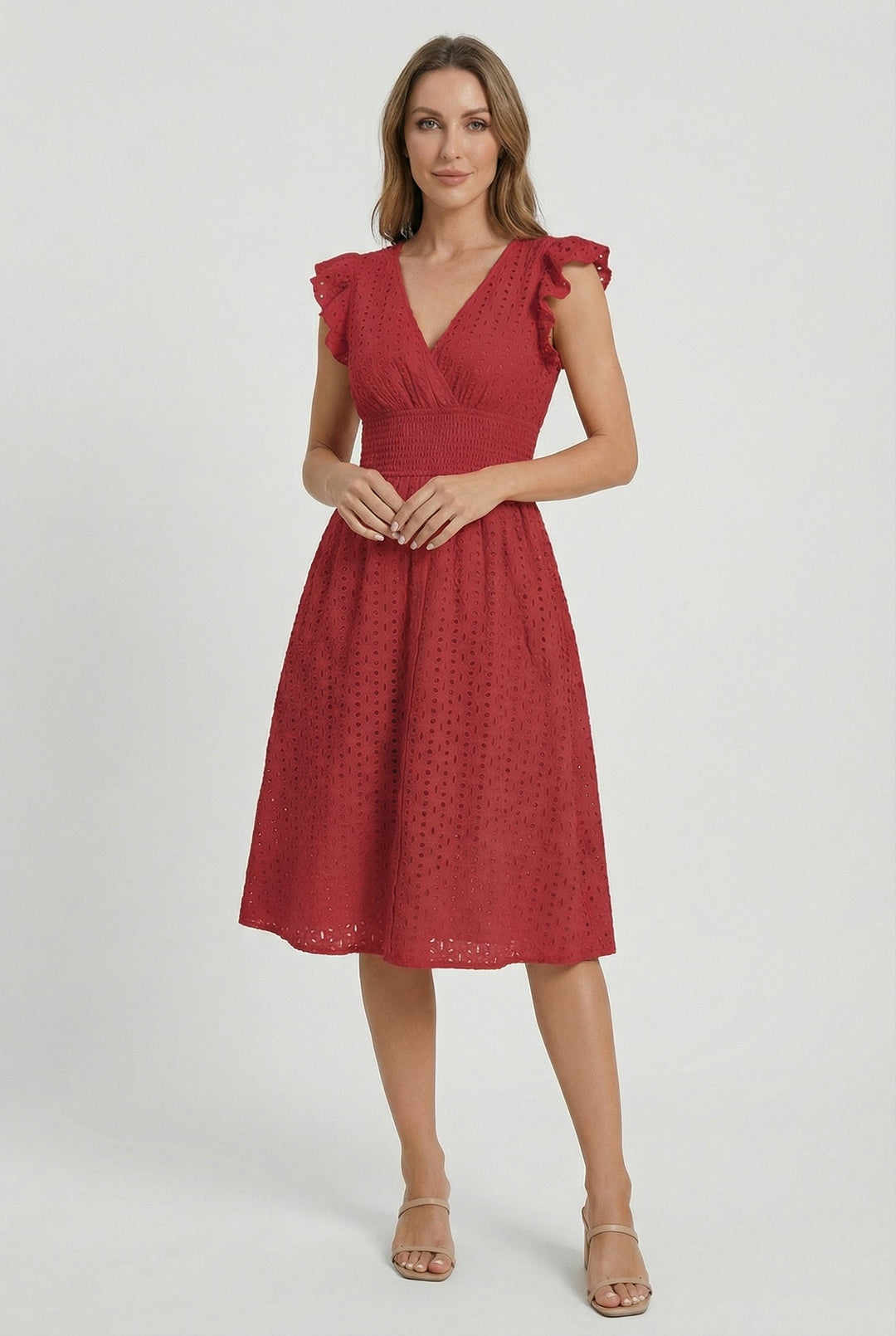 Breezy eyelet fabric women's midi dress, flared, with fashionable ruffled sleeves and smocked waist.