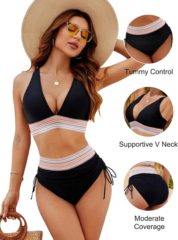 Flattering black high waist bikini set, women's tummy control swimwear for beach days.