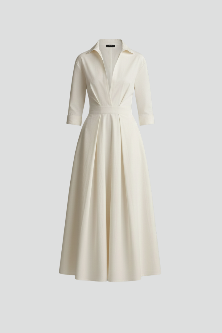 Women's flattering long-sleeve A-line midi dress with button front, perfect for casual elegance.