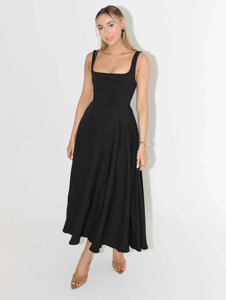 Elegant women's square neck midi dress, flattering, chic, and versatile for summer occasion wear.
