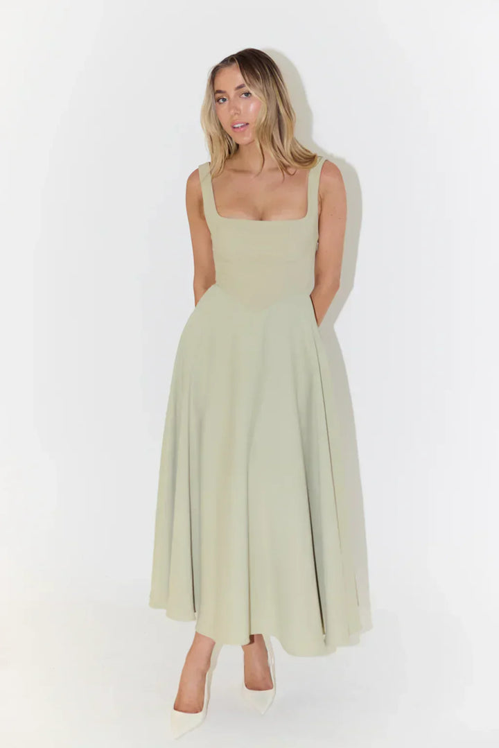 Luxavita Berlin Women's flattering square neck midi dress, a timeless and elegant addition to your wardrobe.