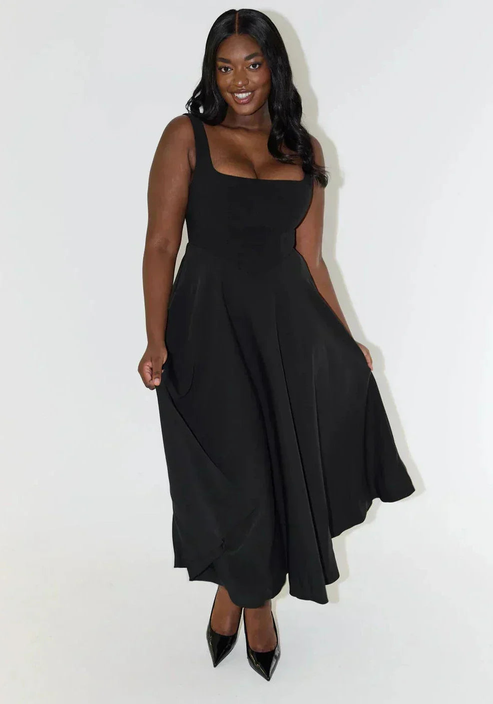 Versatile women's midi dress with square neck, ideal for summer, casual, or dressy occasion wear.