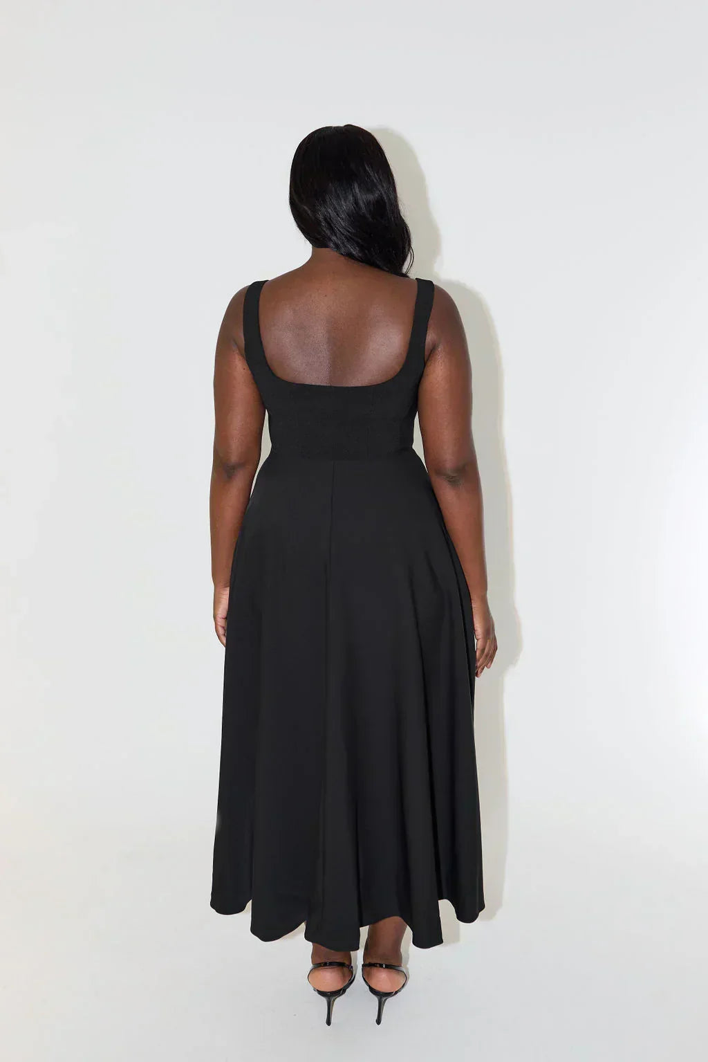 Chic women's square neck midi dress, an elegant and flattering fashion choice for modern women.