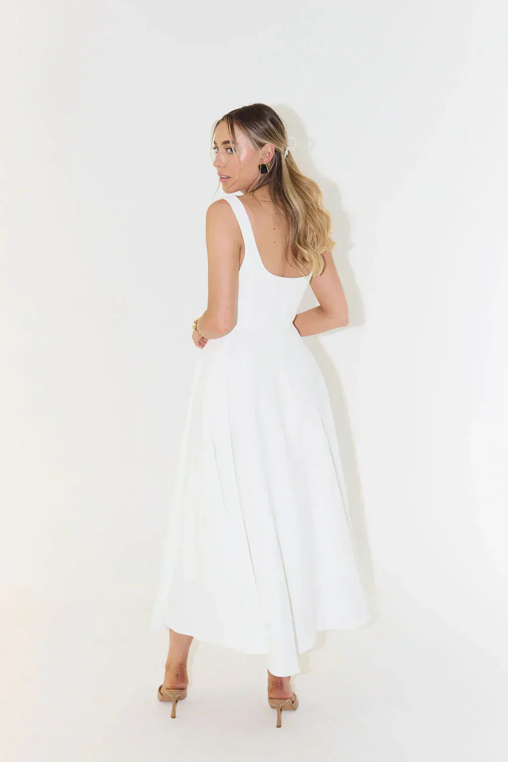 Luxavita Berlin women's flattering square neck midi dress, combining chic design with comfortable elegance.