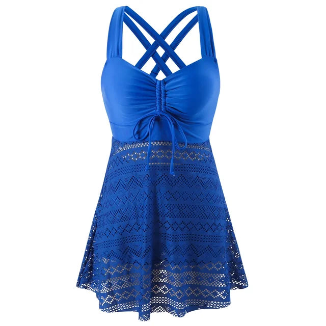 Confident women's tankini swimsuit with tummy control, full coverage swim top & bottom for beach.