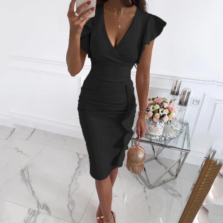 Fitted V-neck midi dress for women, comfortable and flattering for summer outings.