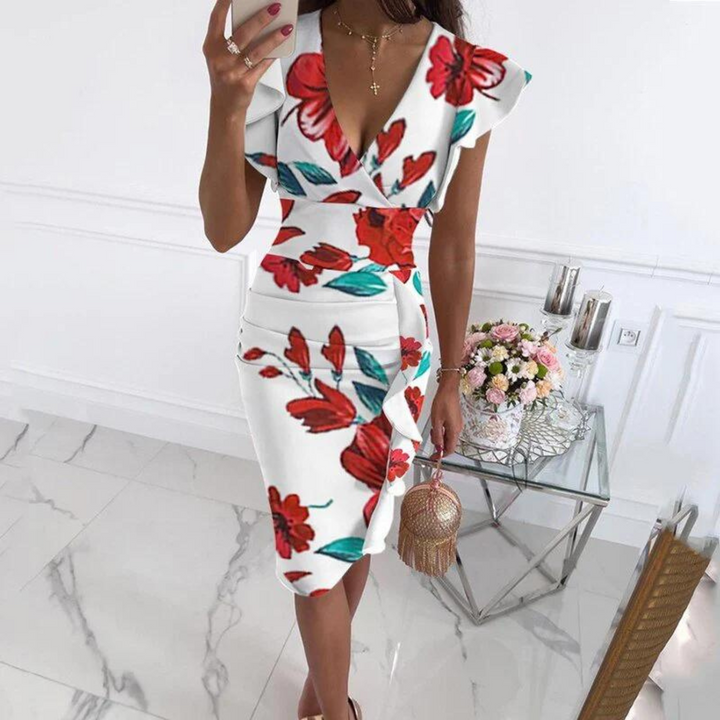 Versatile women's V-neck summer midi dress, suitable for parties and casual events.