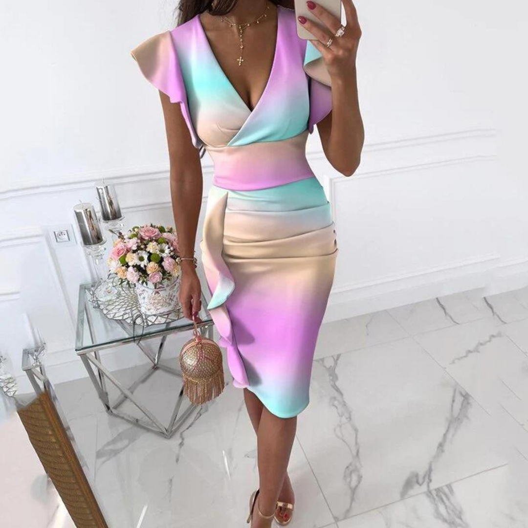 Short sleeve V-neck midi dress for women, ideal for warm summer days and holidays.