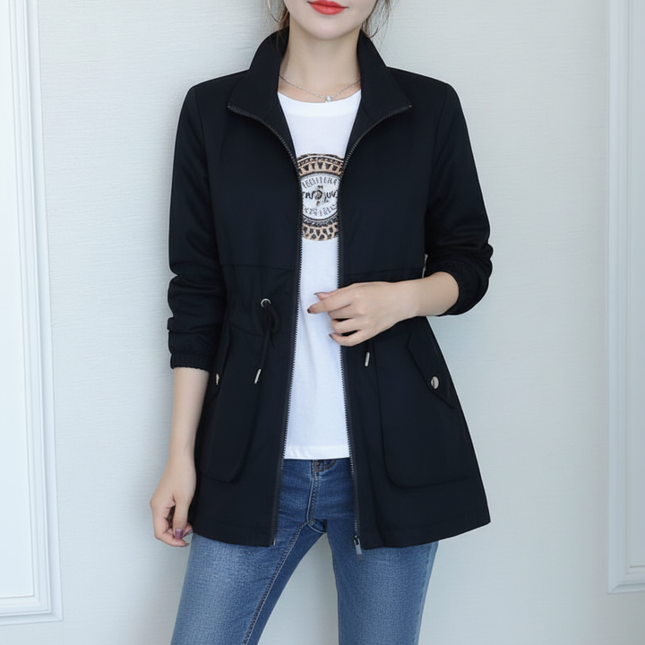 Elegant women's Flora autumn jacket, a chic and comfortable transitional piece with a functional zipper closure.
