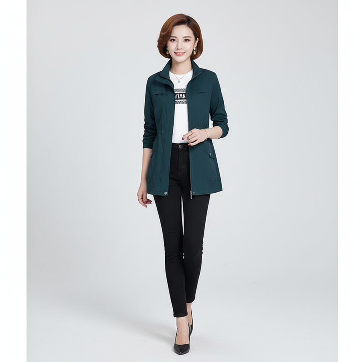 Model wears a stylish Flora women's transitional jacket, perfect lightweight outerwear for spring & autumn looks.