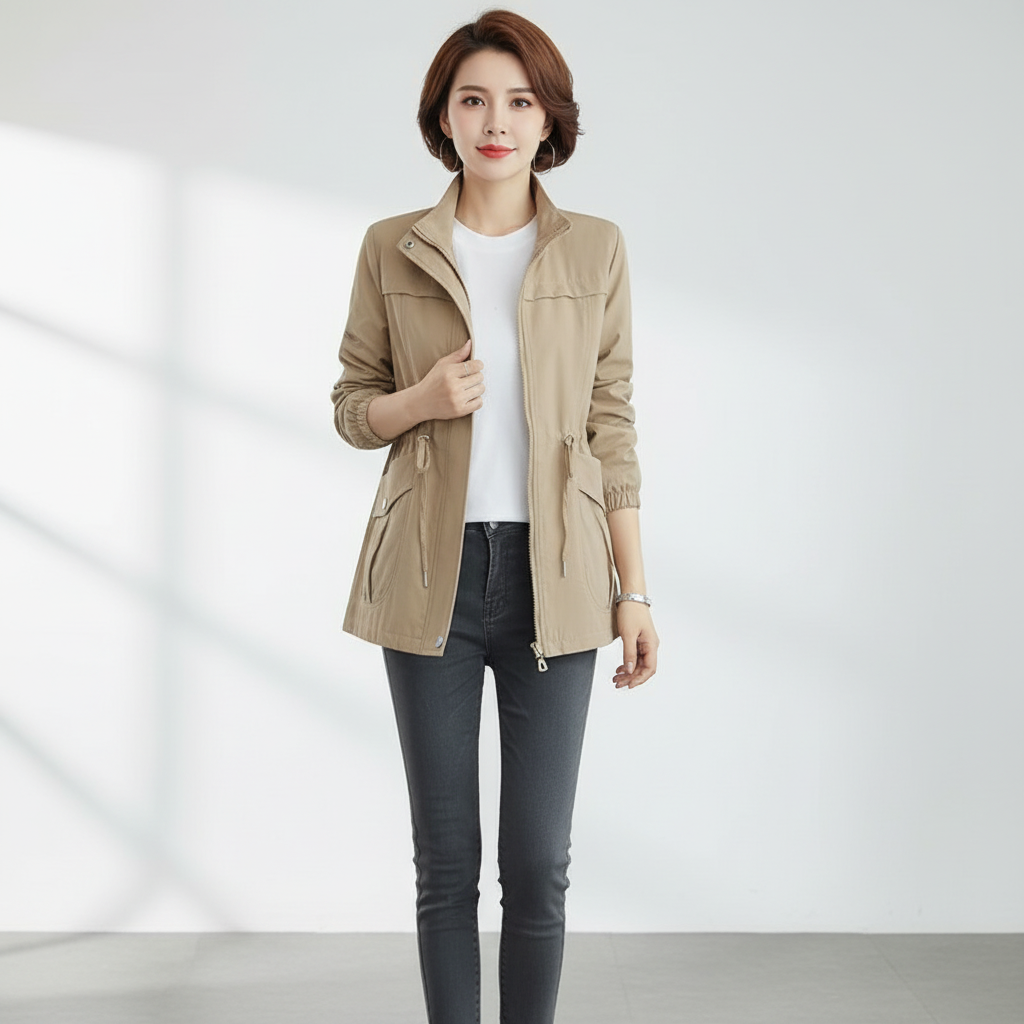 Close-up of the Flora women's zipper jacket showing the stand collar and soft, lightweight transitional fabric.