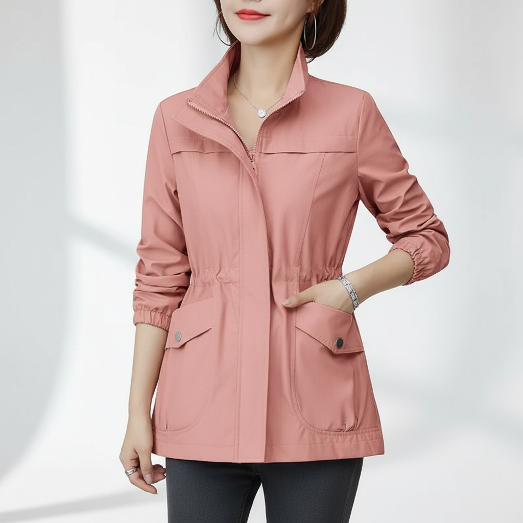 Back view of the Flora women's transitional jacket, showcasing its comfortable fit and versatile everyday style.