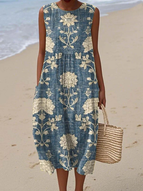 Women's floral A-line midi dress, sleeveless and flowy. Ideal summer sundress for beach outings and casual vacation wear.