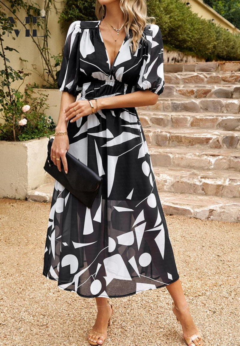 Women's elegant short sleeve floral A-line midi dress, ideal for special occasions.