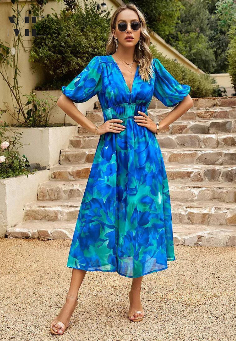 Women's summer floral print midi dress, A-line cut, short sleeves, easy wear.
