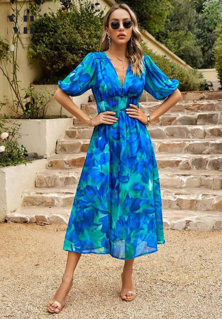 Women's summer floral print midi dress, A-line cut, short sleeves, easy wear.