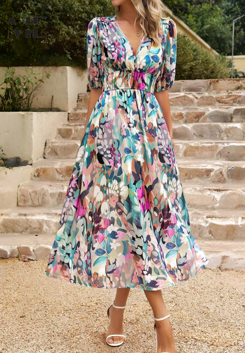 Comfortable floral short sleeve A-line midi dress for women, vacation ready.