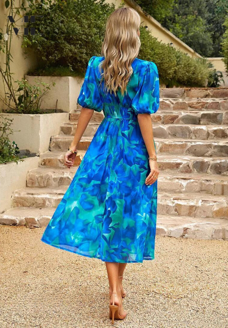 Summer-ready women's floral midi dress, A-line silhouette, short sleeves.