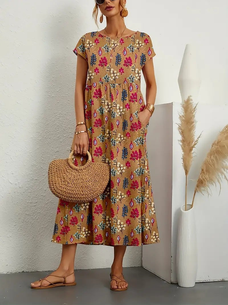 Khaki floral A-line dress for women. Short sleeve, comfortable knee-length, stylish for everyday summer casual wear.