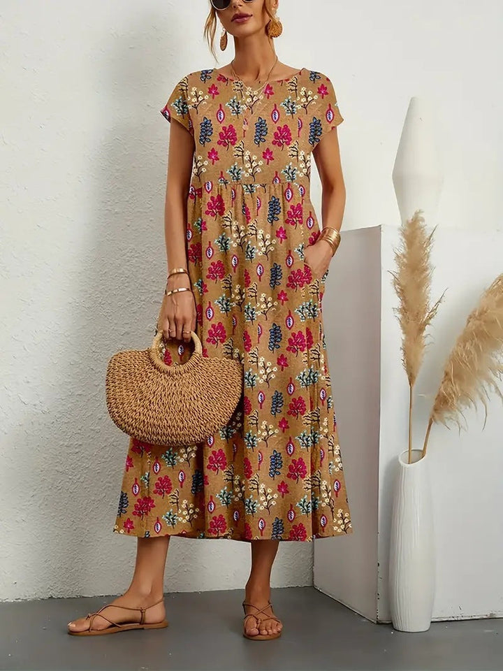 Khaki floral A-line dress for women. Short sleeve, comfortable knee-length, stylish for everyday summer casual wear.