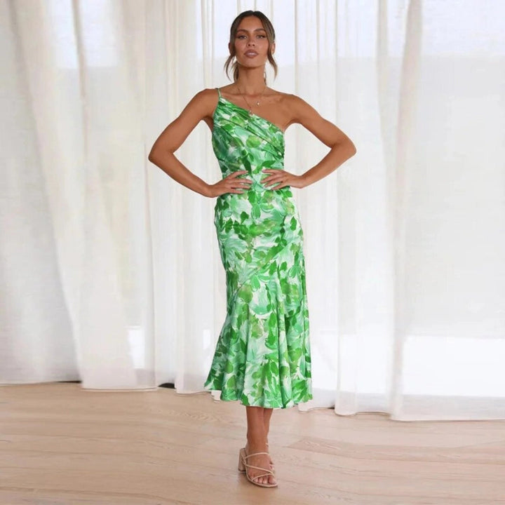 Summer floral asymmetric midi dress for women, lightweight and stylish with a flowing printed design.