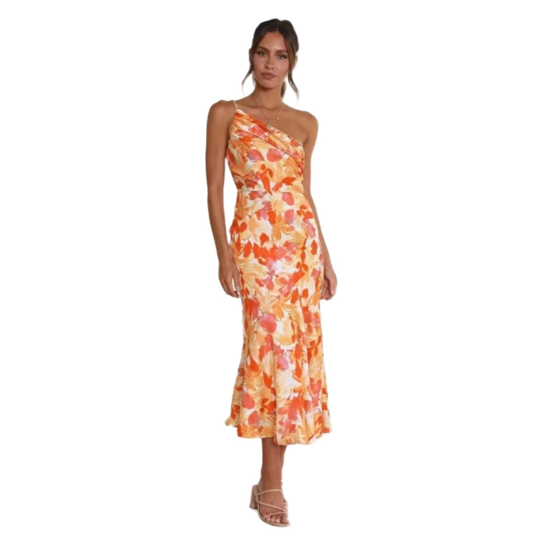 Vibrant floral print women's midi dress, sleeveless with an elegant asymmetric flowing hem.