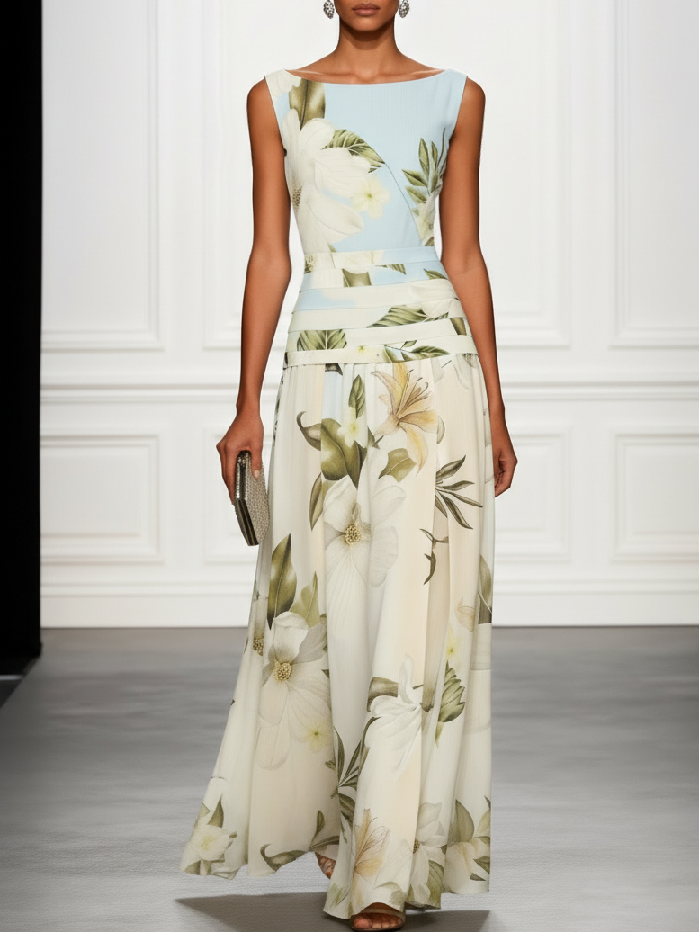 Women's floral boat neck A-line maxi dress, perfect for wedding guests, elegant & long.