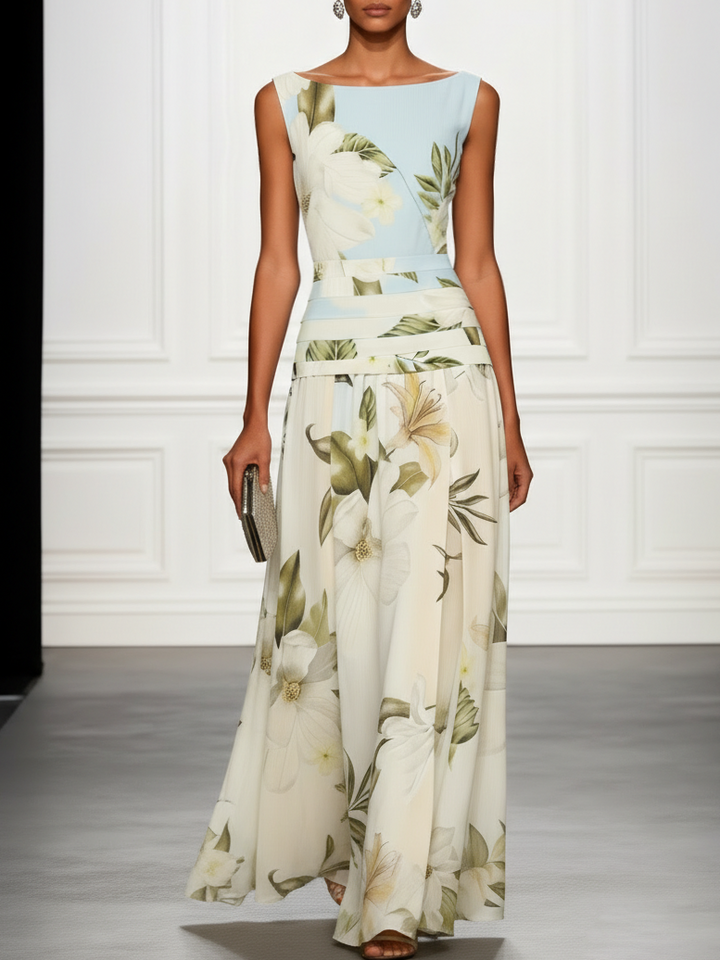 Women's floral boat neck A-line maxi dress, perfect for wedding guests, elegant & long.