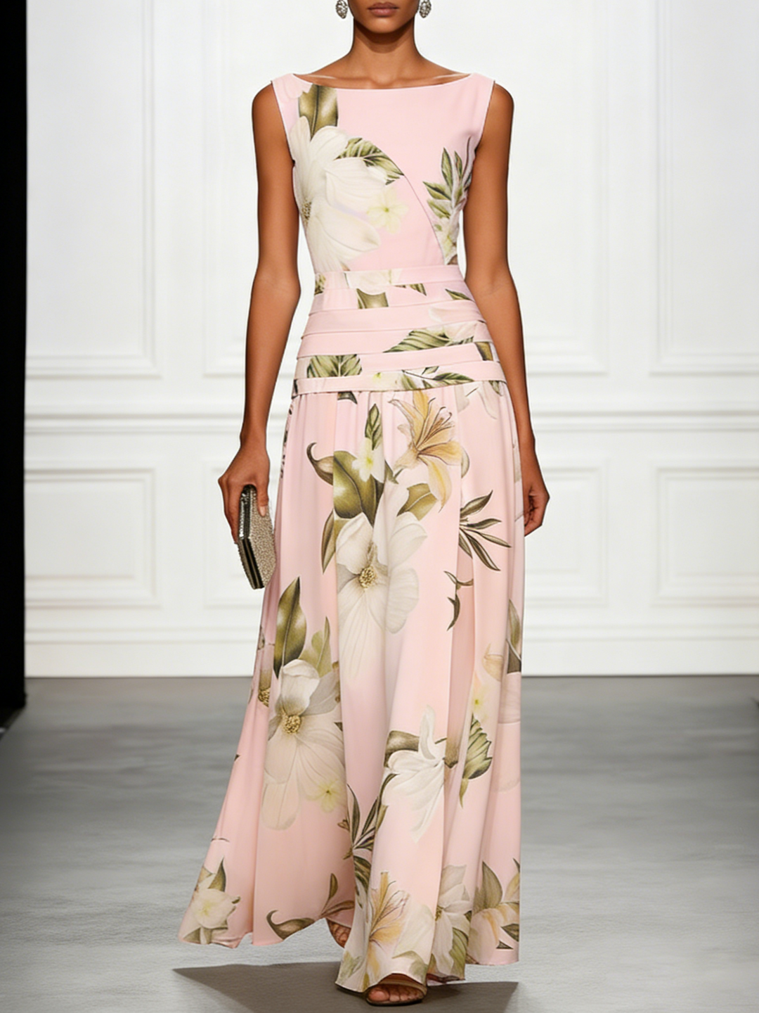 Graceful women's floral A-line maxi dress, boat neck, a beautiful choice for formal gatherings.