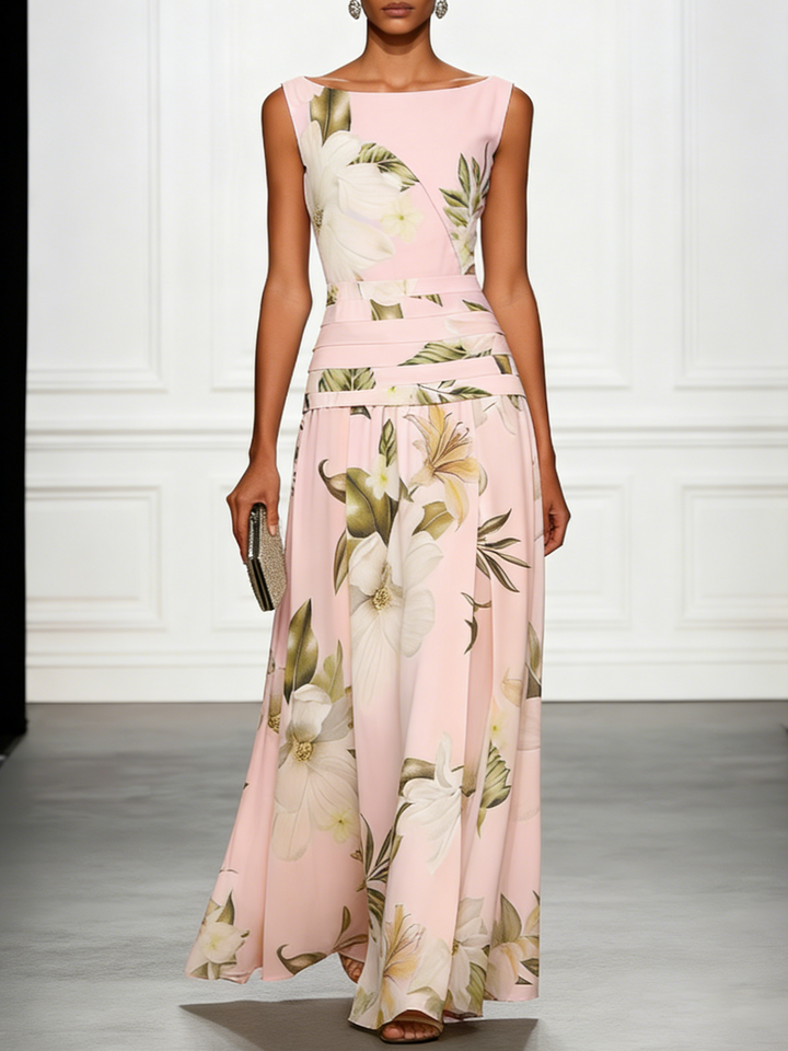 Graceful women's floral A-line maxi dress, boat neck, a beautiful choice for formal gatherings.