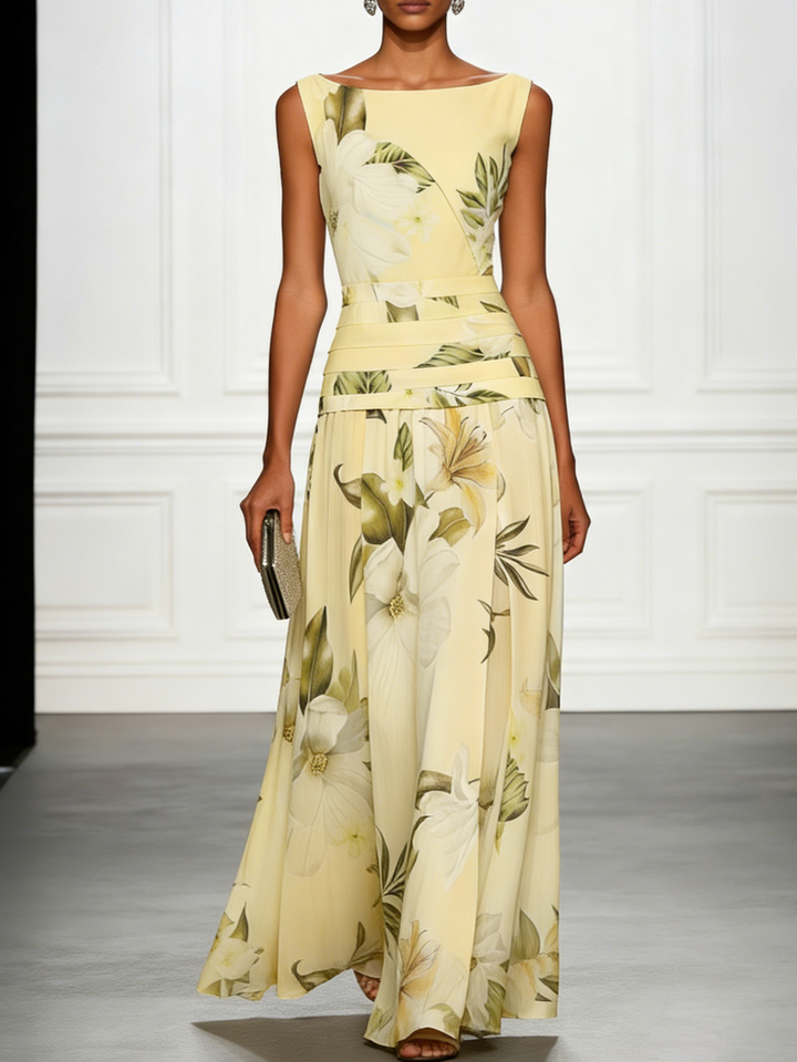 Stunning floral print boat neck A-line maxi dress for women, elegant and comfortable.