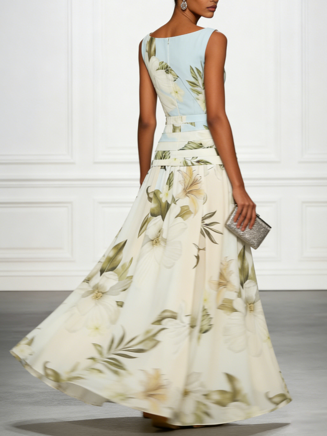 Elegant women's floral maxi dress with boat neck, ideal as a wedding guest or formal party dress.