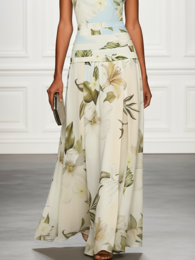 Beautiful A-line floral maxi dress for women, featuring a boat neck, sophisticated & stylish.