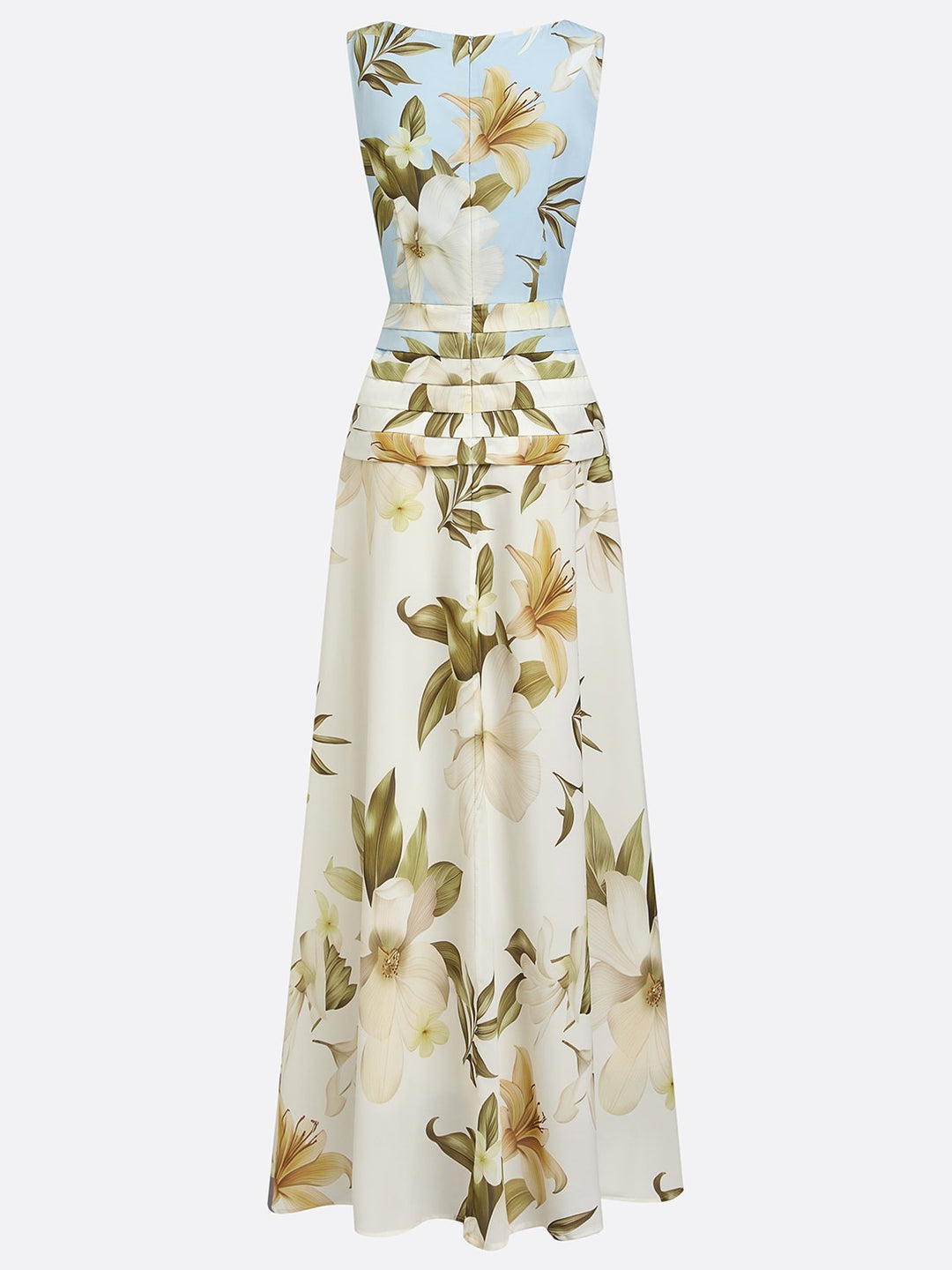 Long A-line floral women's dress with boat neck, an elegant option for formal occasions & weddings.