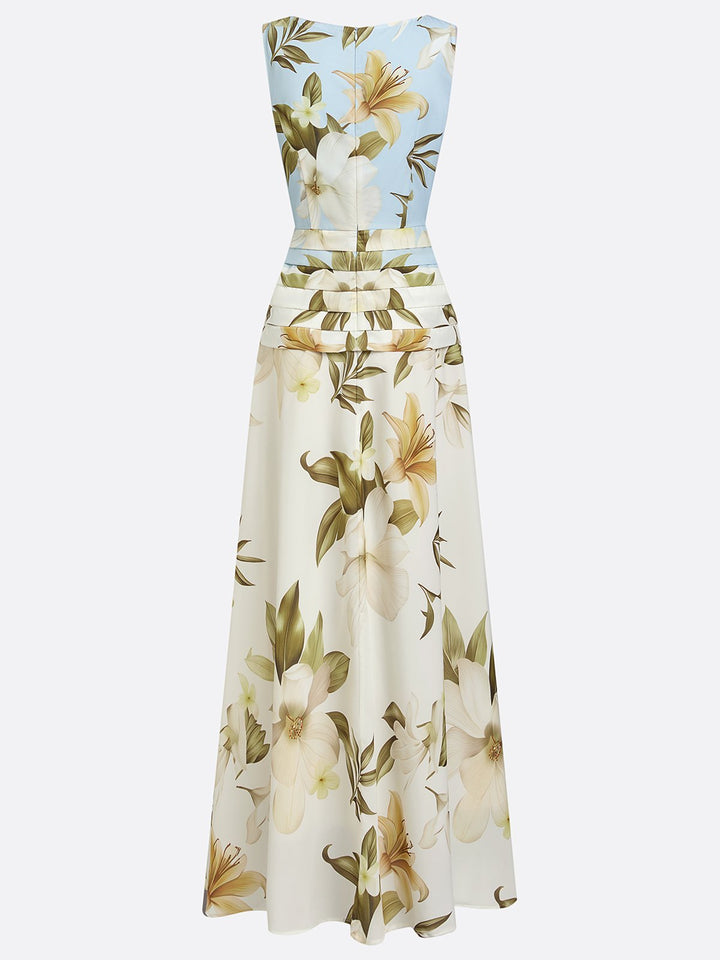 Long A-line floral women's dress with boat neck, an elegant option for formal occasions & weddings.