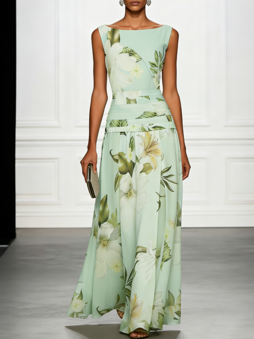 Chic women's boat neck floral maxi dress, A-line cut, sophisticated and perfect for formal events.
