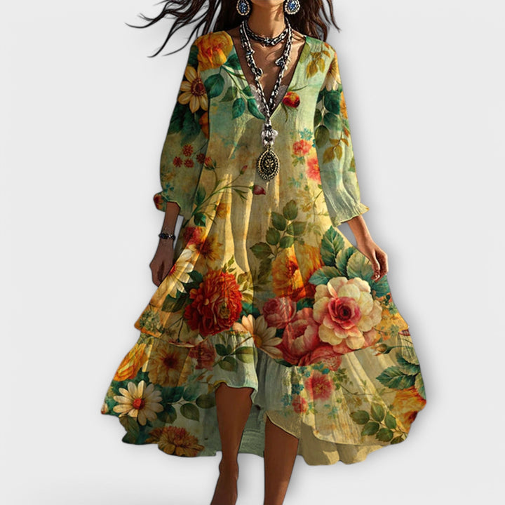 Women's floral bohemian V-neck flowy maxi dress. Perfect for summer, vacation, or spring outfits.
