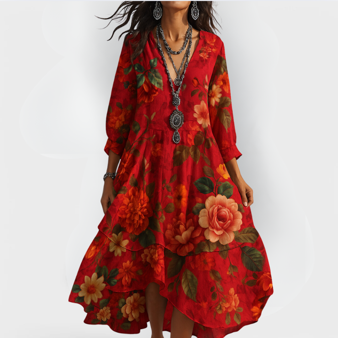 Boho chic women's flowy maxi dress with long sleeves and floral print. Ideal for beach, resort, or casual elegant wear.