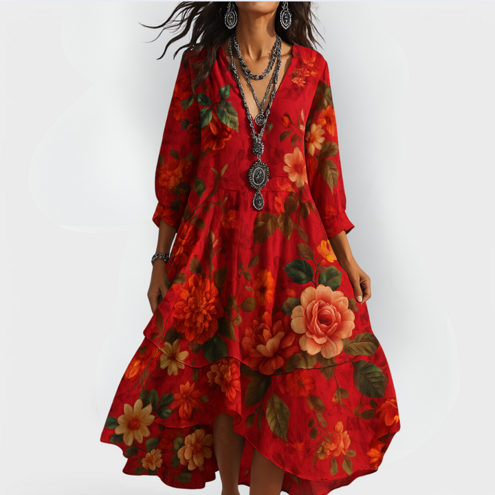 Boho chic women's flowy maxi dress with long sleeves and floral print. Ideal for beach, resort, or casual elegant wear.