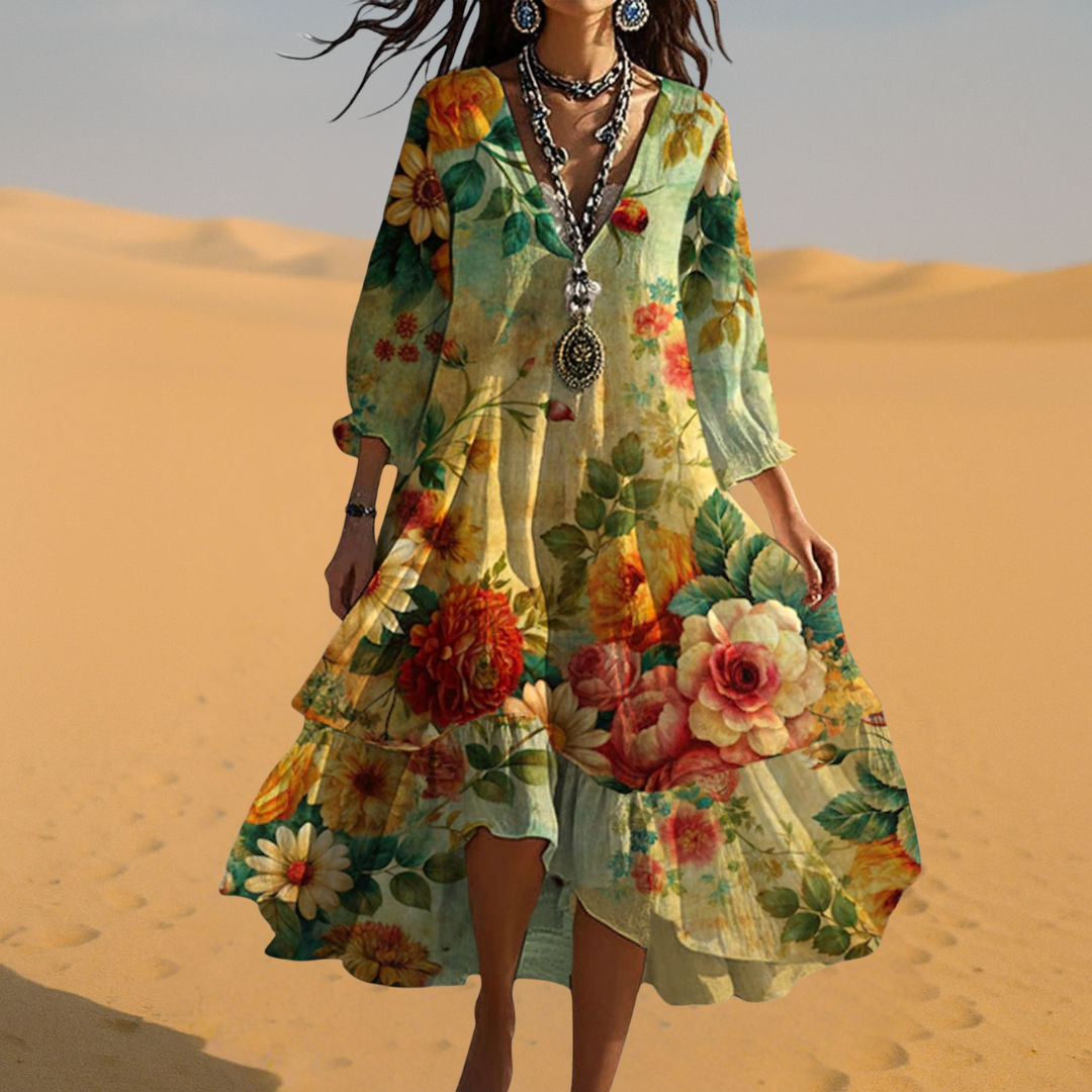 Elegant women's bohemian floral print maxi dress featuring a V-neck and flowy silhouette. Great for spring/summer fashion.