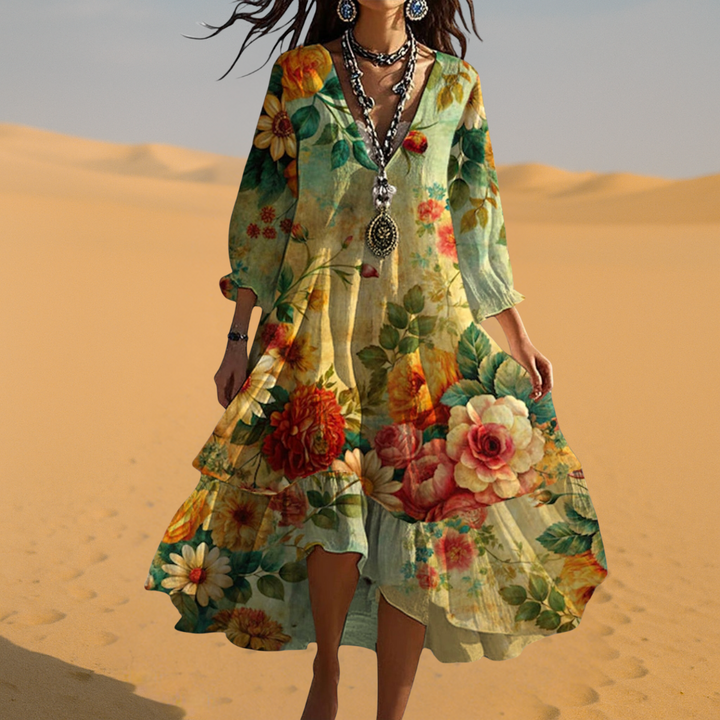 Elegant women's bohemian floral print maxi dress featuring a V-neck and flowy silhouette. Great for spring/summer fashion.