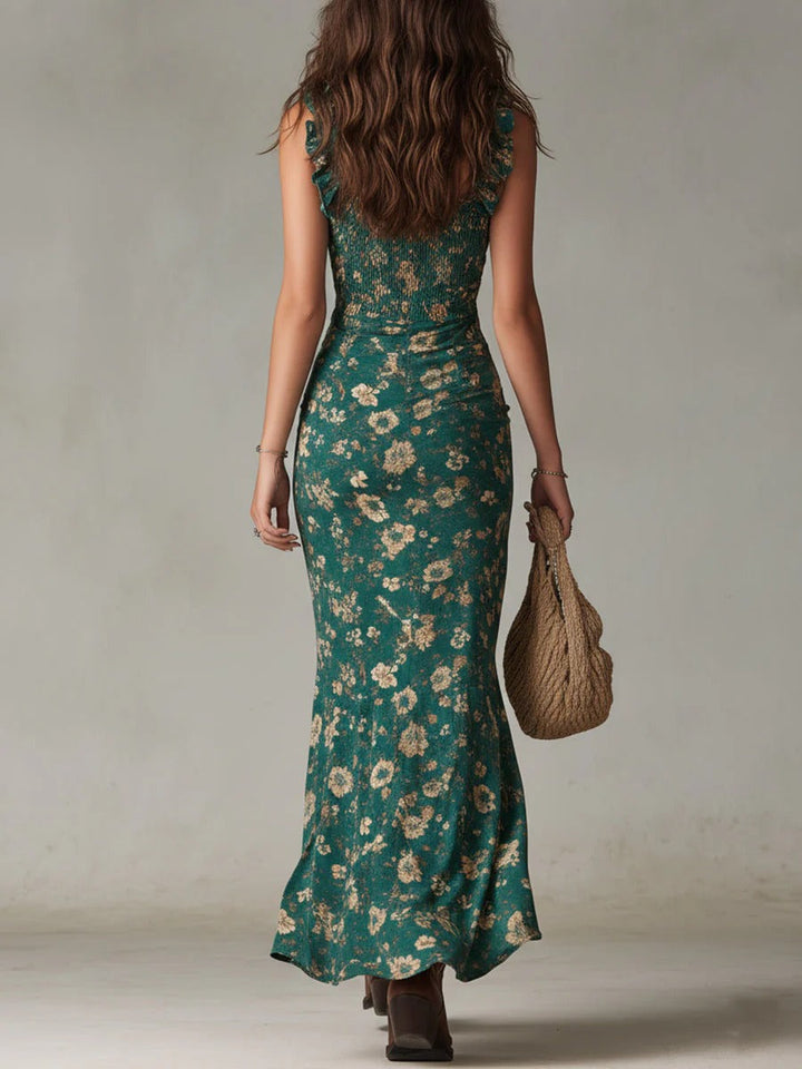 Summer floral maxi dress for women, boho chic style, vacation ready with ruffle straps and high slit.