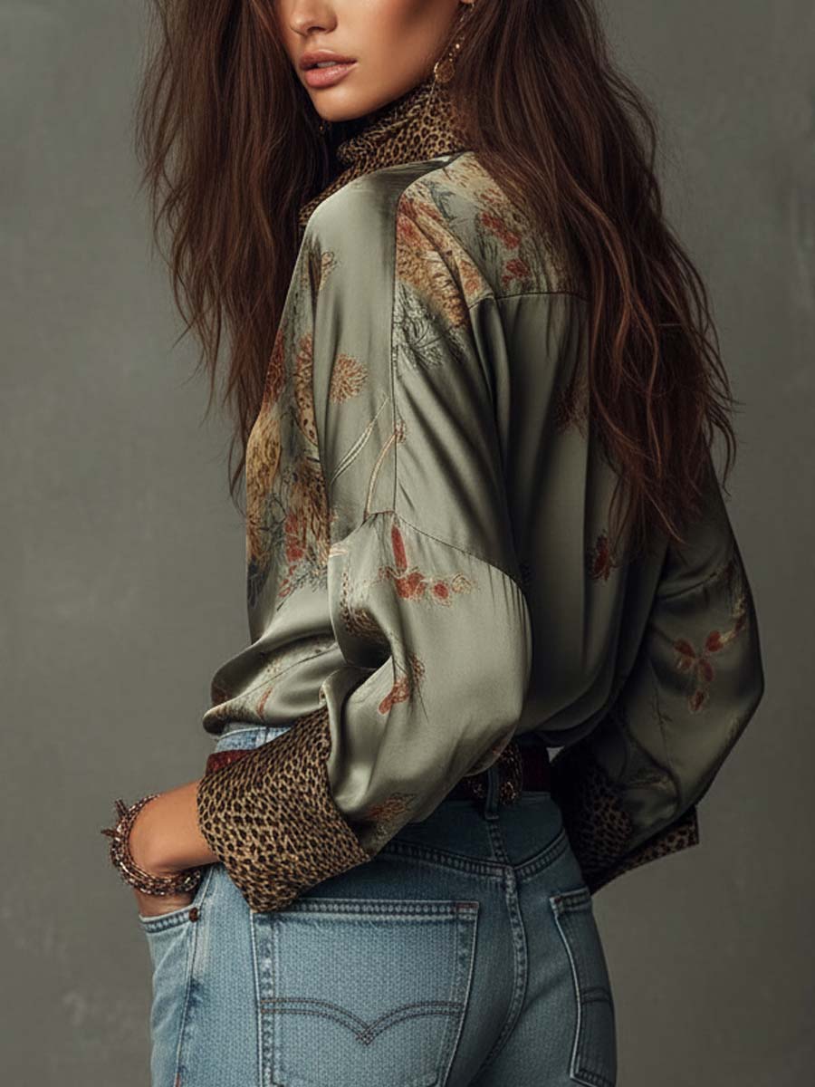 Chic floral long-sleeve button-down shirt for women, detailed with stylish leopard print trim.