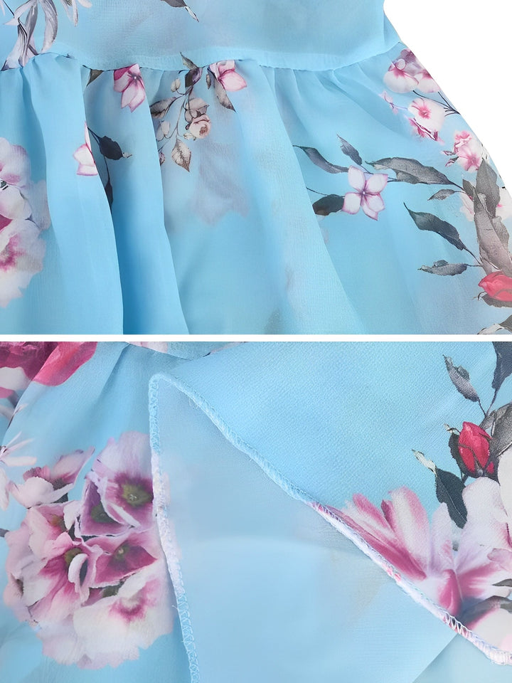 Soft, lightweight fabric of a women's floral cold shoulder mini dress, offering comfortable, flowy feel.