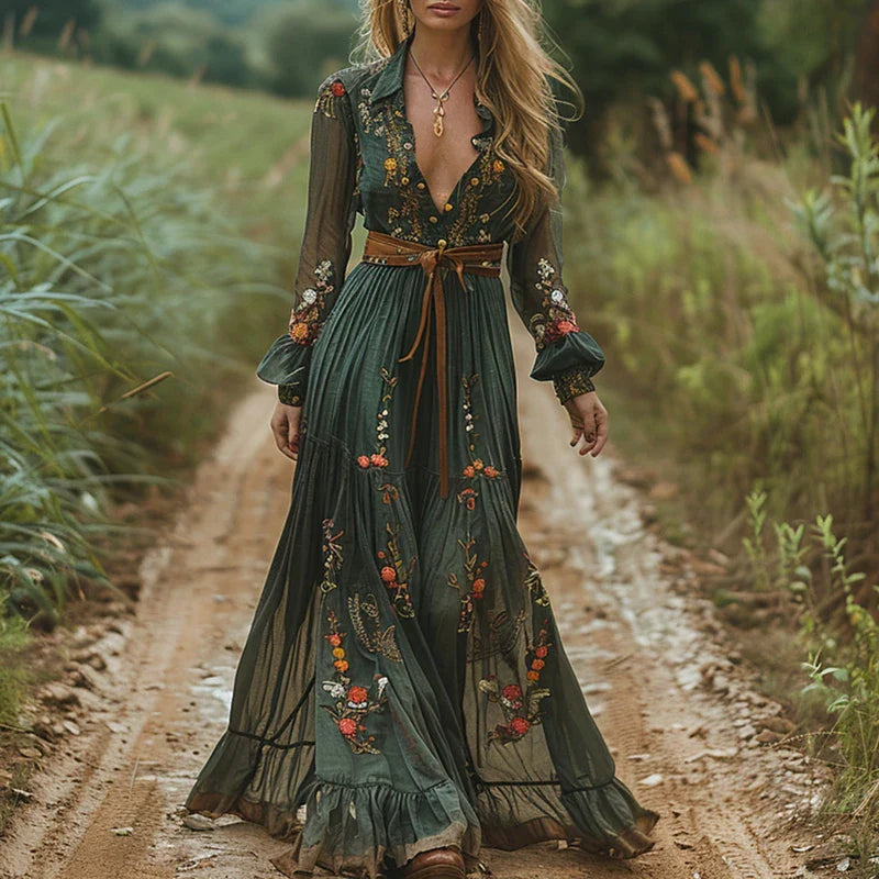 Women's Floral Embroidered Boho Maxi Dress, perfect for summer casual wear & elegant festival style.