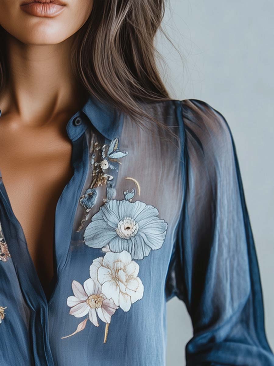 Feminine long sleeve blouse, women's floral embroidered sheer top suitable for special occasions.