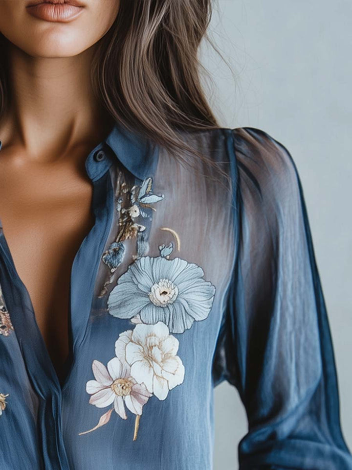 Feminine long sleeve blouse, women's floral embroidered sheer top suitable for special occasions.