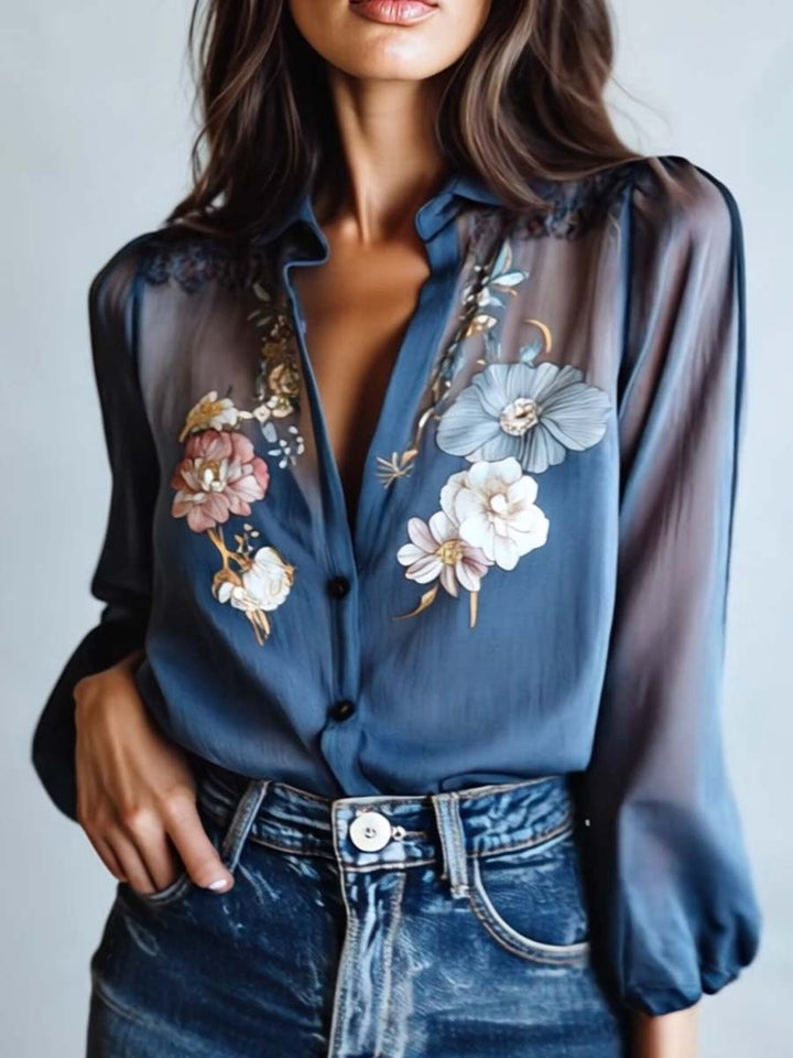 Floral embroidered sheer sleeve blouse for women. Comfortable, versatile V-neck top, relaxed fit.